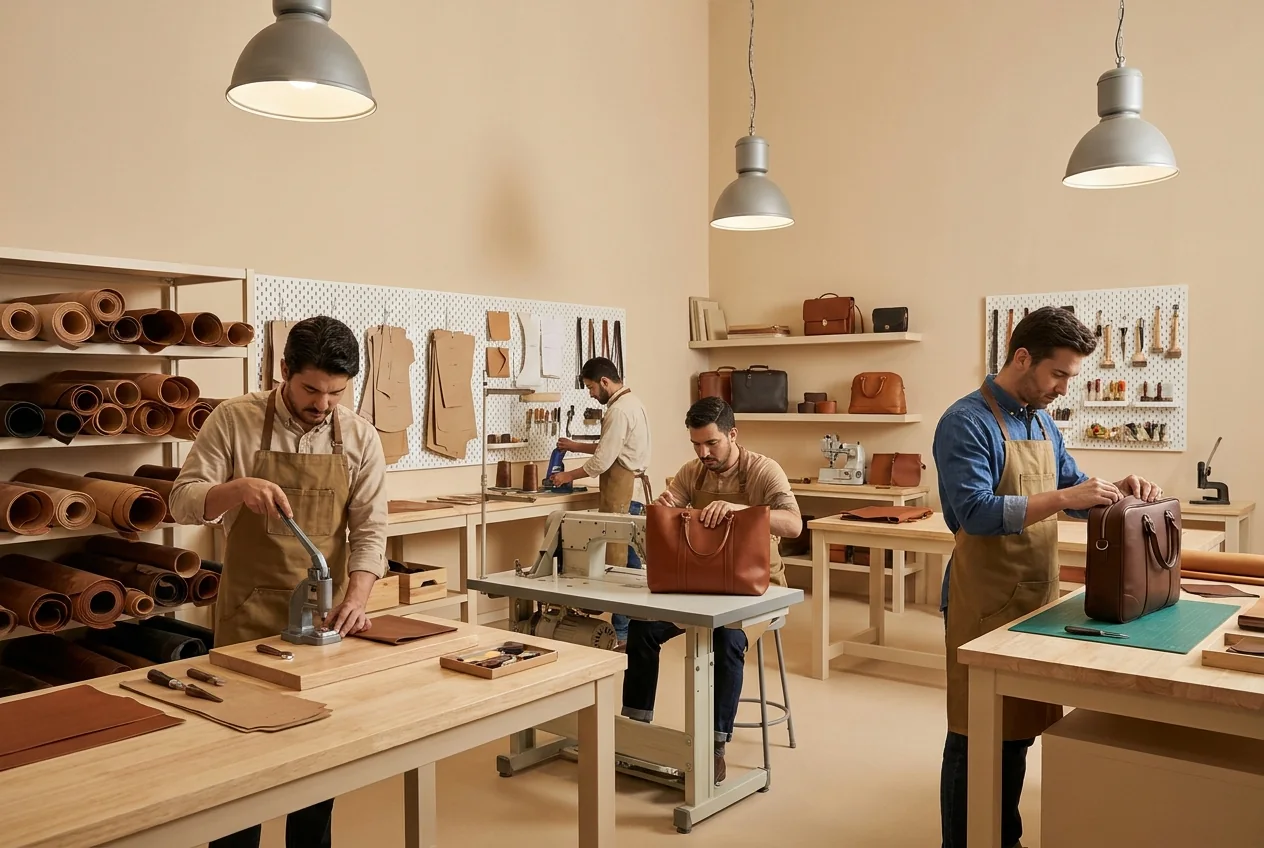 Leather goods workshop preparing products for export production