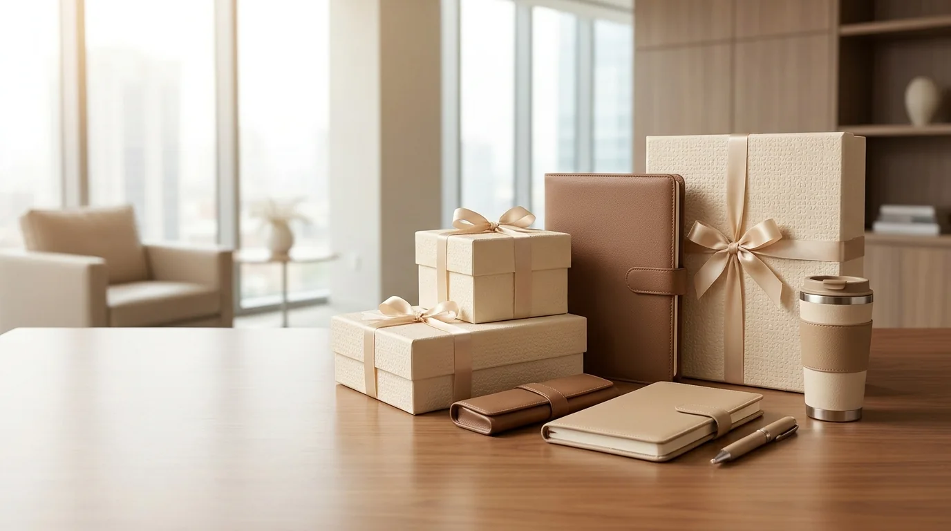 Premium leather corporate gifts arranged in an executive office