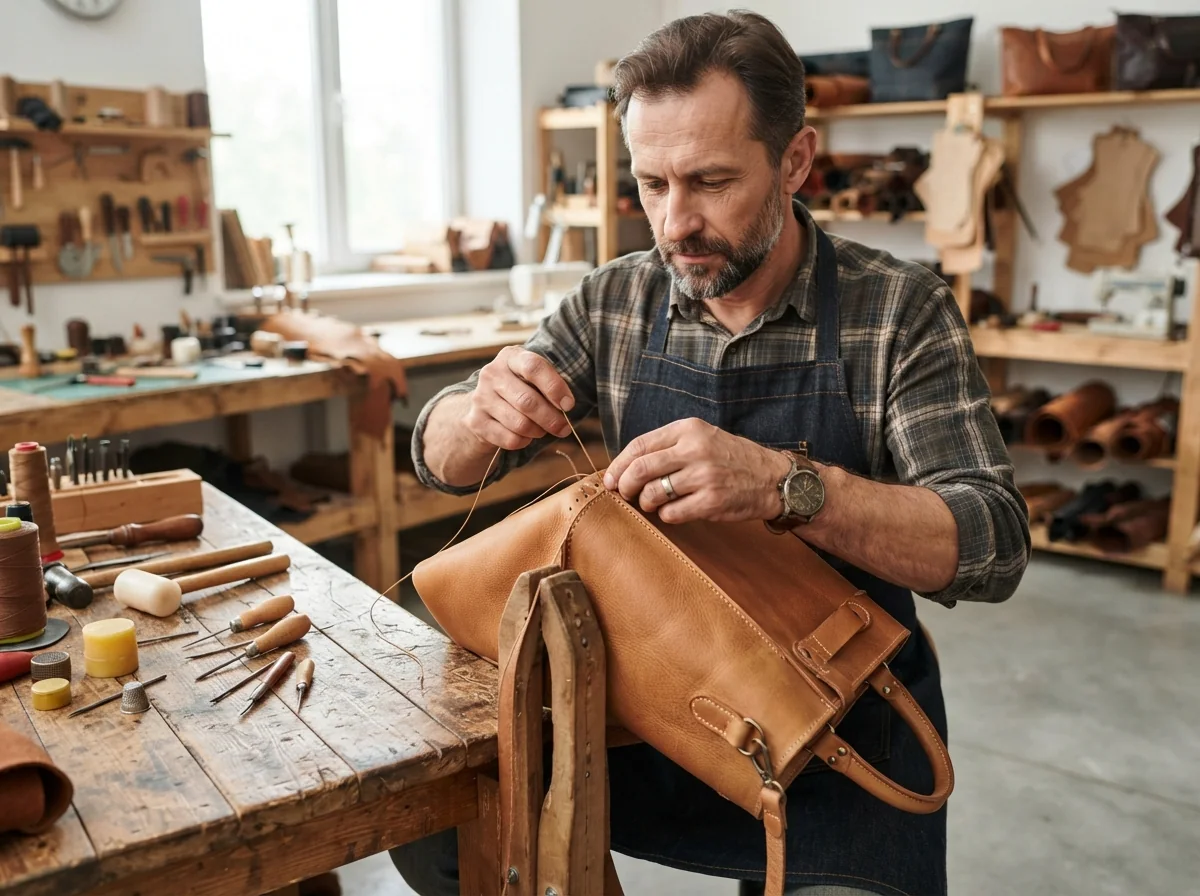 Leather crafting detail with premium texture and warm finish