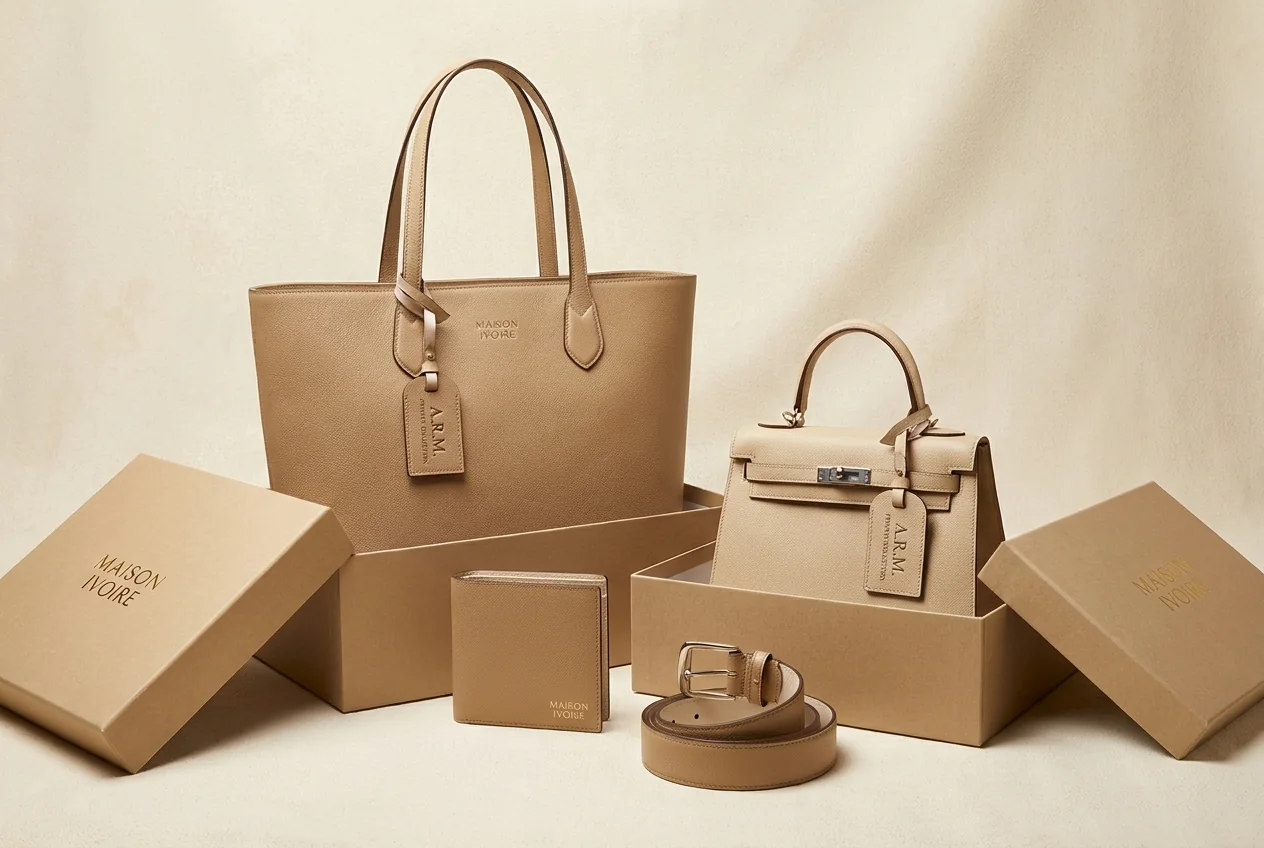 Finished private label leather bags and accessories with branded packaging